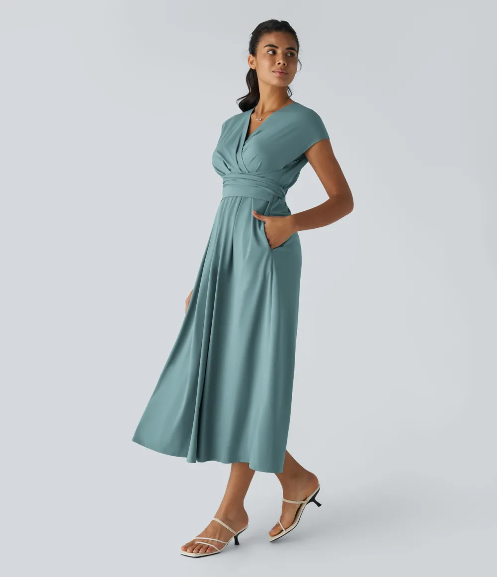 Breezeful V Neck Short Sleeve Side Pocket Tie Back Quick Dry Midi Casual Dress