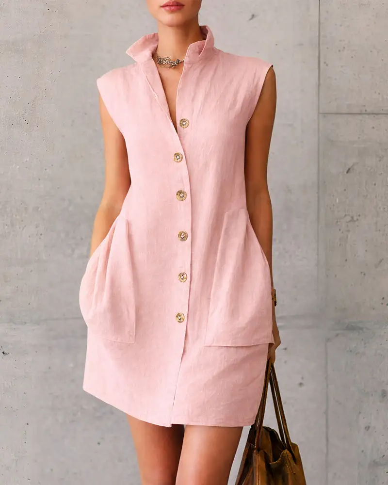 Sleeveless Stand Collar Button-Down Shirt Dress With Pockets