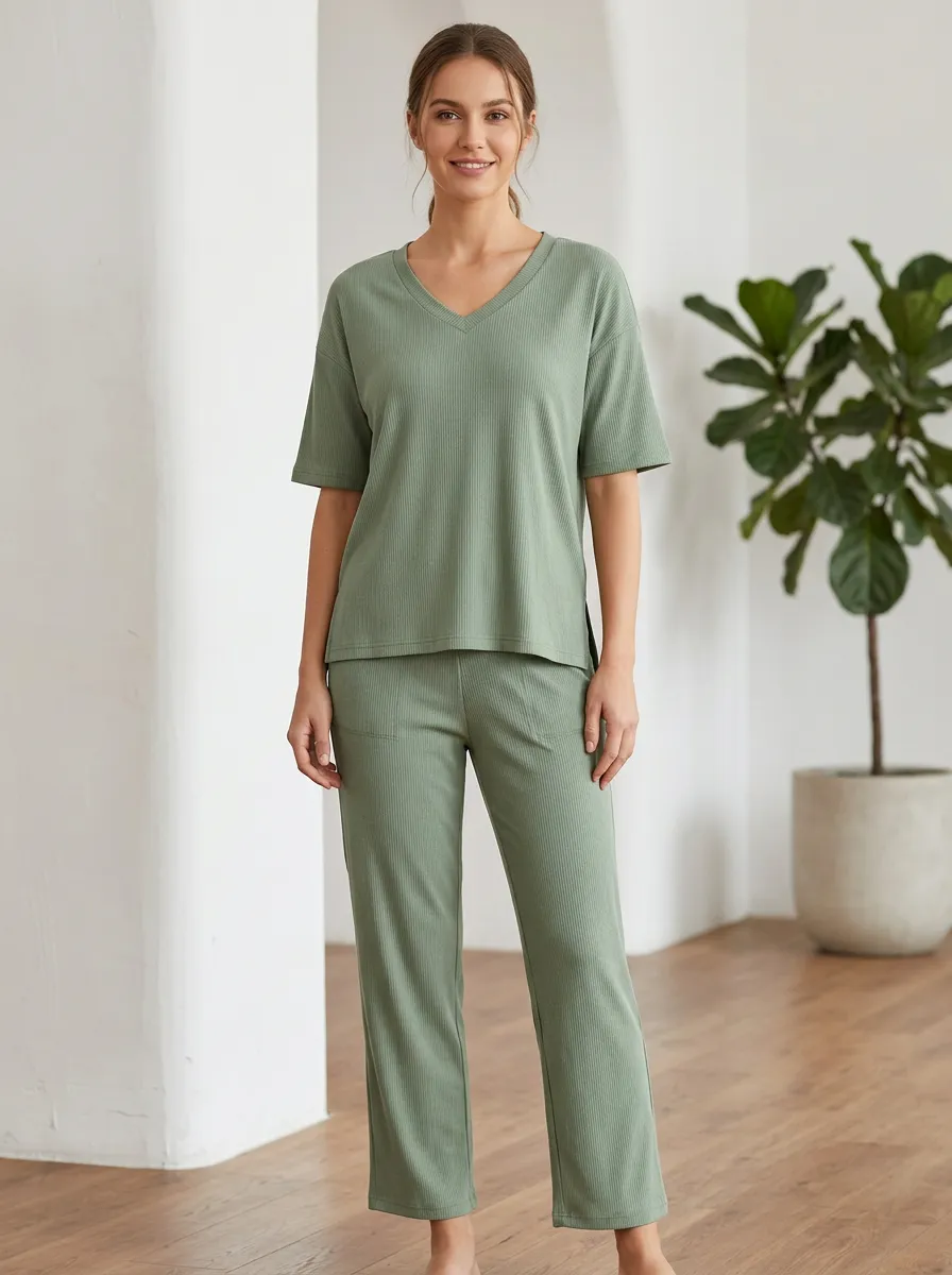 Ribbed Knit Women's V-Neck Shirt