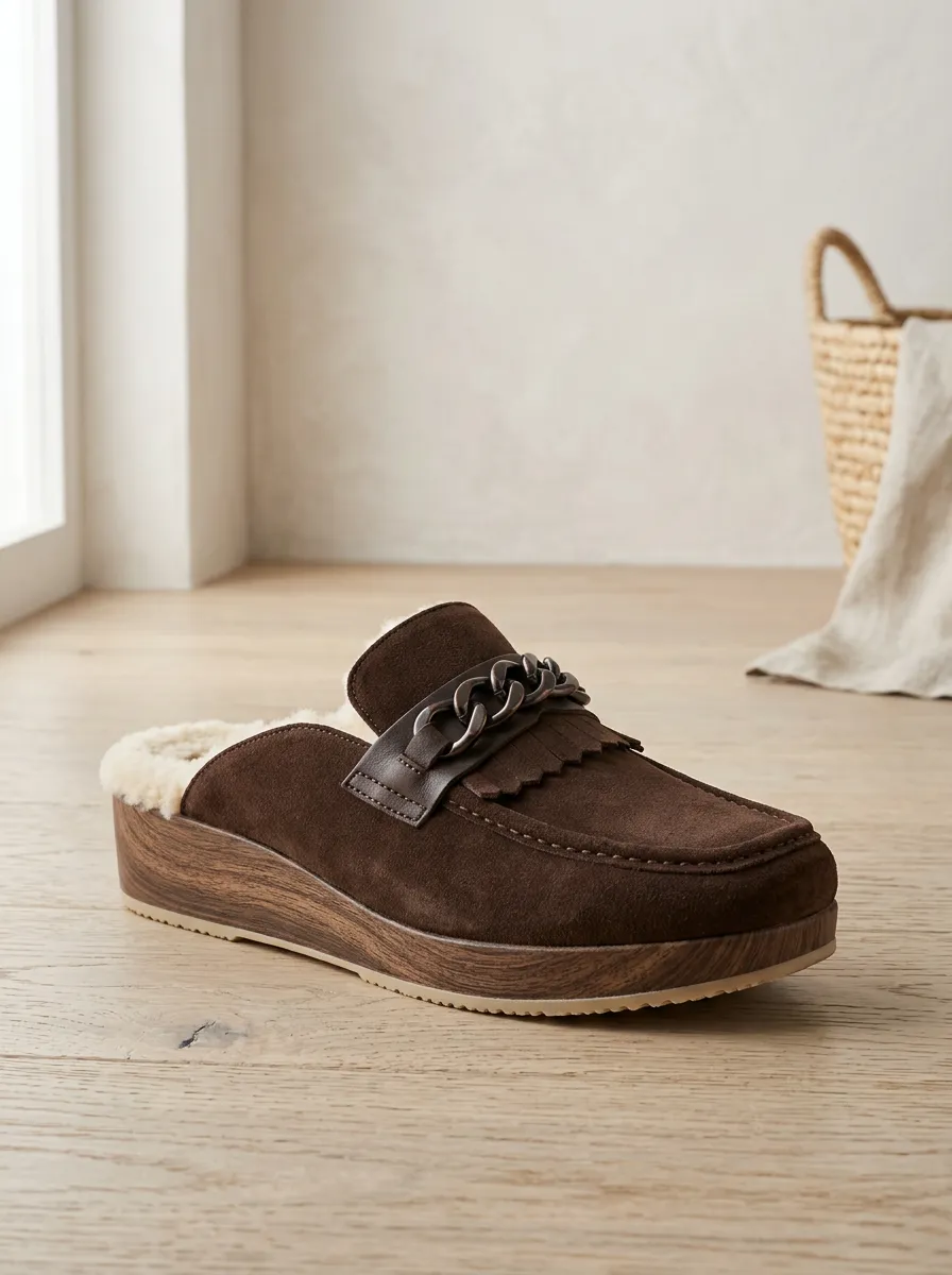 Women's Modern Faux Fur Lined Platform Suede Wood Sole Loafers