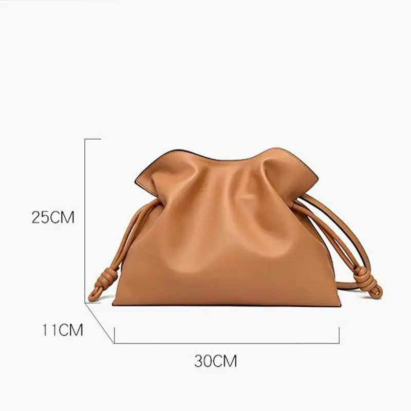 Minimalist Camel Leather Drawstring Shoulder Bag