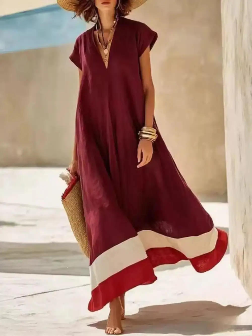 Color Block Hem V Neck Maxi Dress