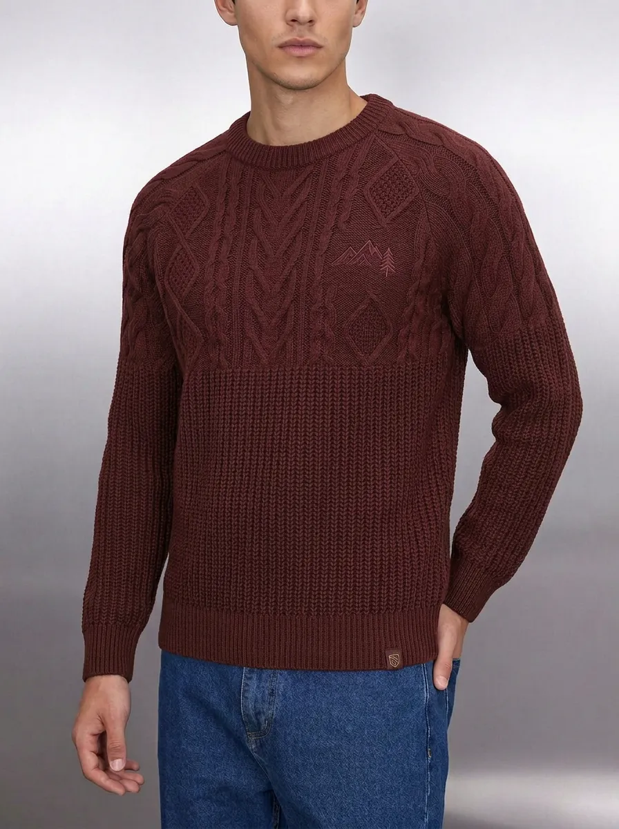 Men's Olive Green Outdoor Mountain Tree Embroidered Knit Sweater