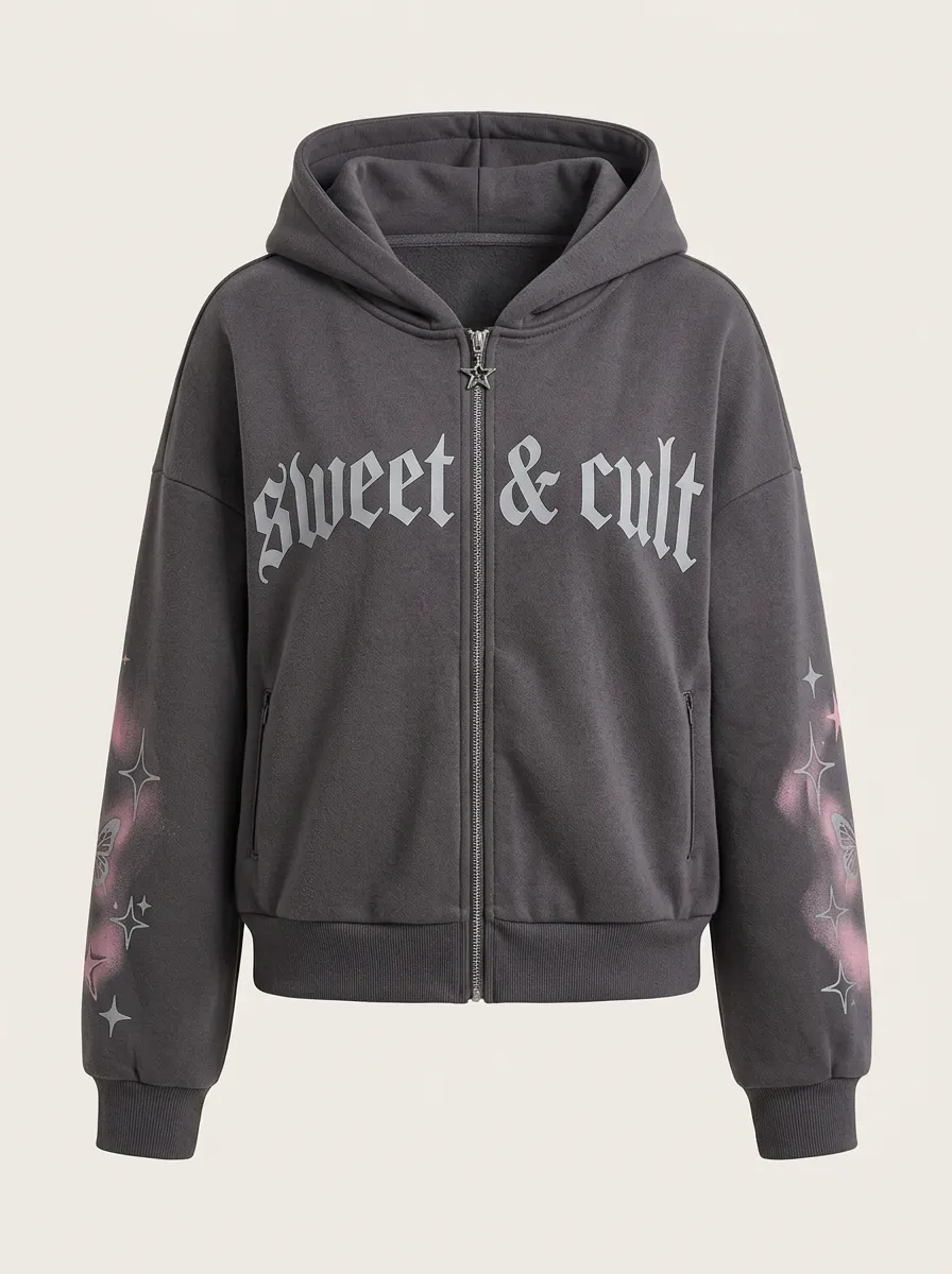 Women's Streetwear Sweet & Cult Butterfly Star Printed Zip Up Hoodie
