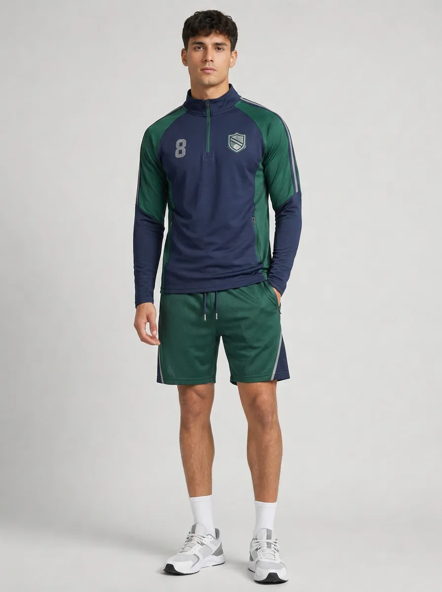 Men's Sporty Club Badge Number 8 Printed Quarter-Zip Shorts Set