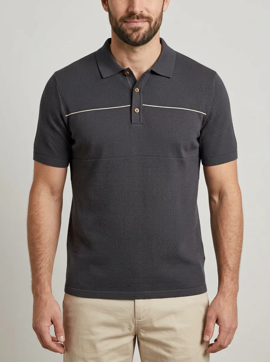 Men's Charcoal Textured Contrast Stripe Polo Shirt
