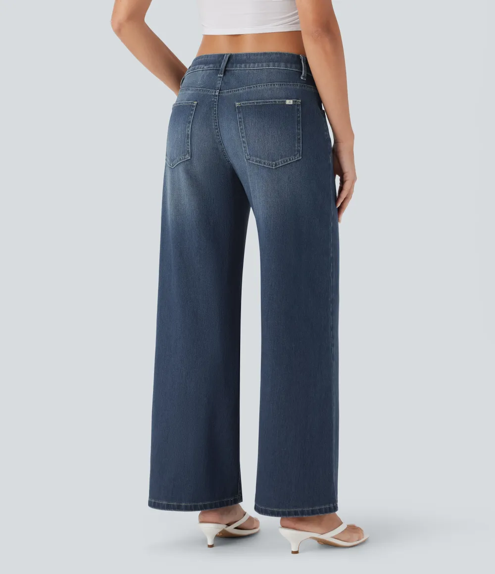 Asymmetric Low Rise Zipper Pockets Baggy Wide Leg Washed Casual Jeans