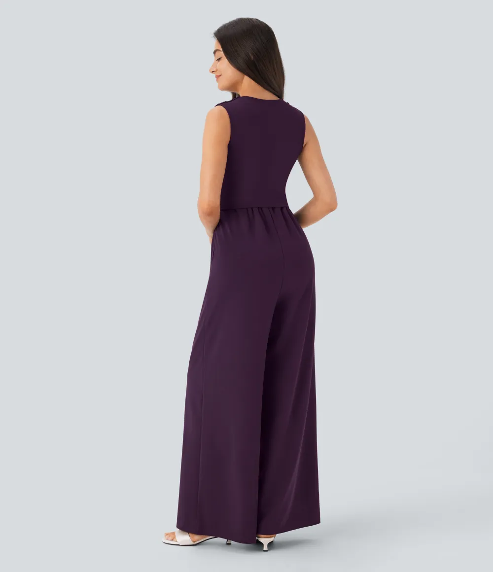 SculptKnit V Neck Sleeveless Ruched Pocket Jumpsuit-Easy Peezy