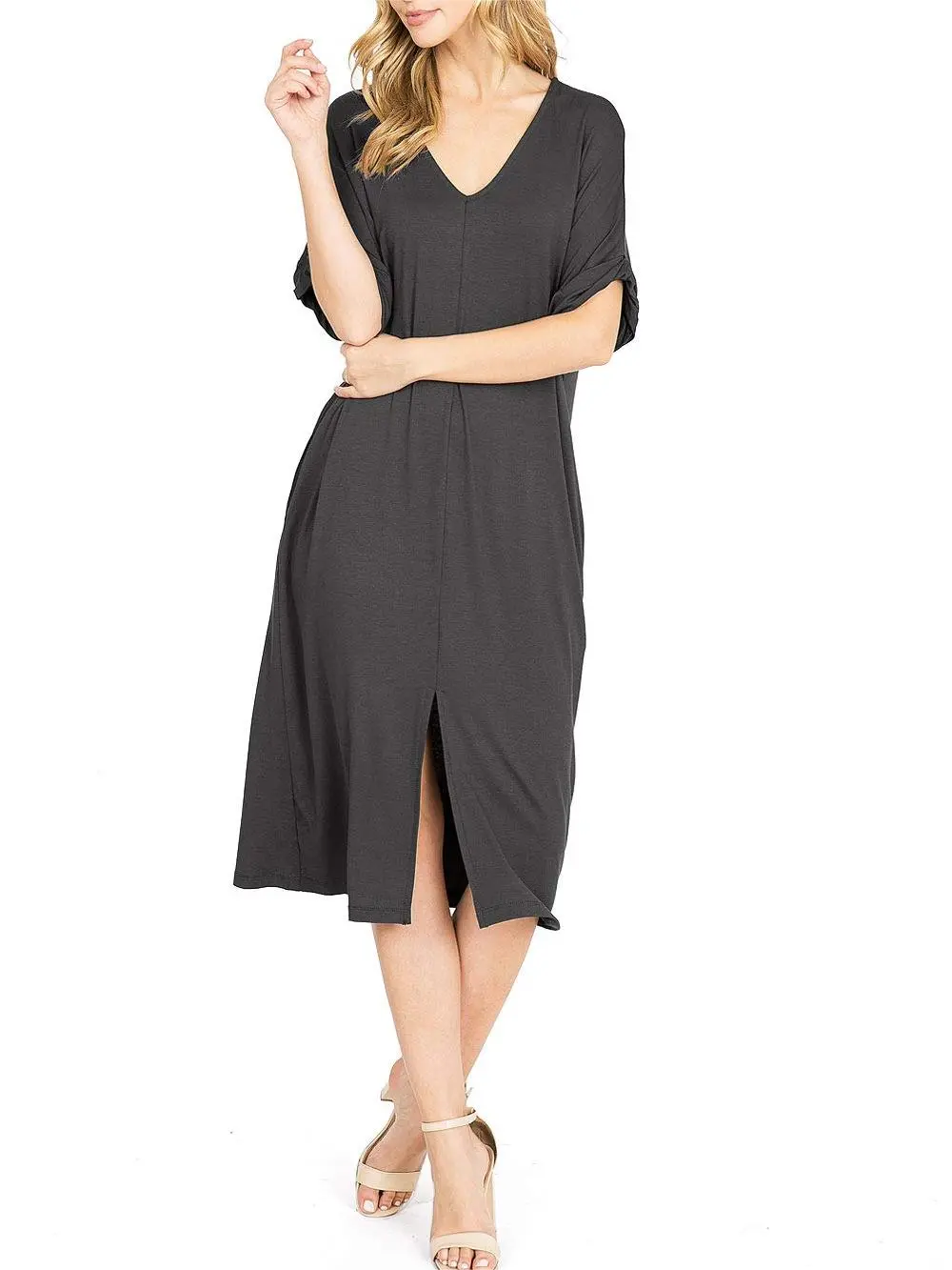 Pocketed V-Neck Midi Dress