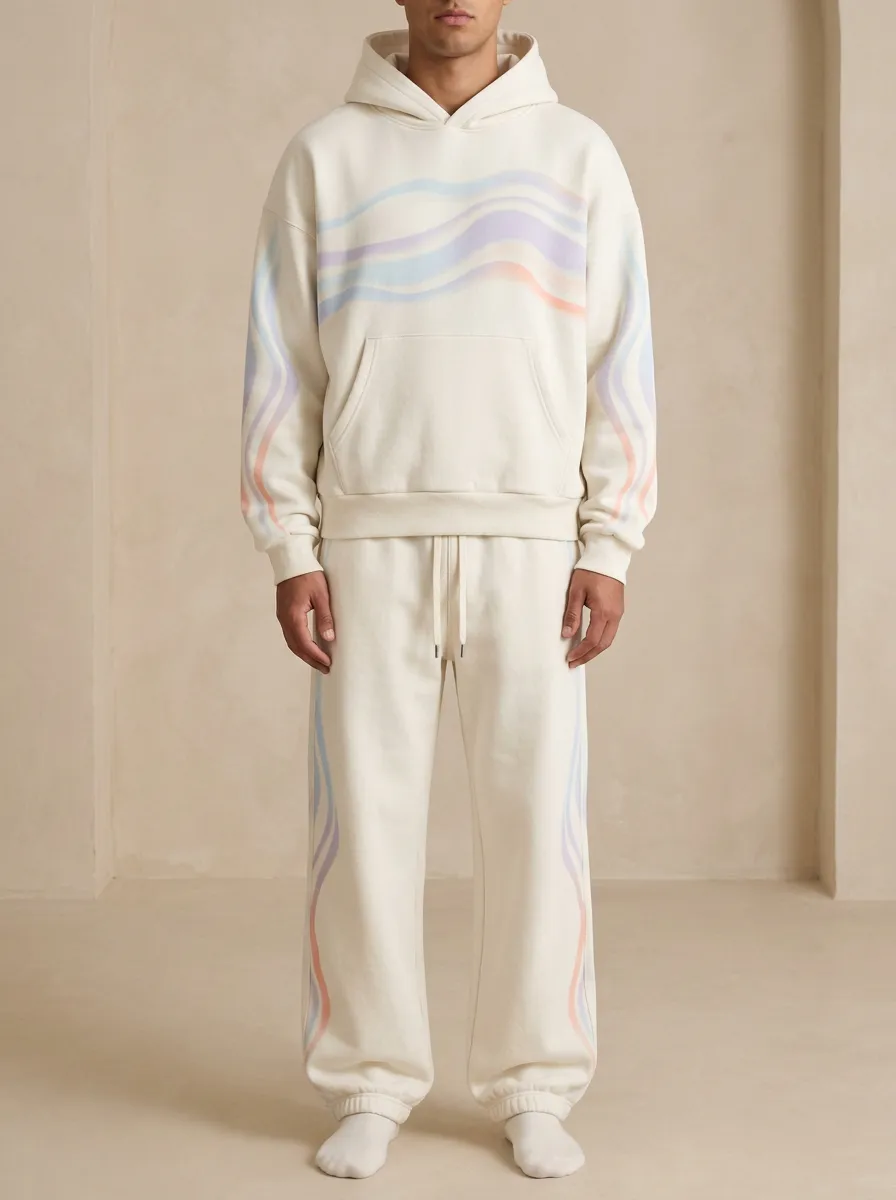 Men's Pastel Wavy Stripe Printed Hoodie Sweatpants Set