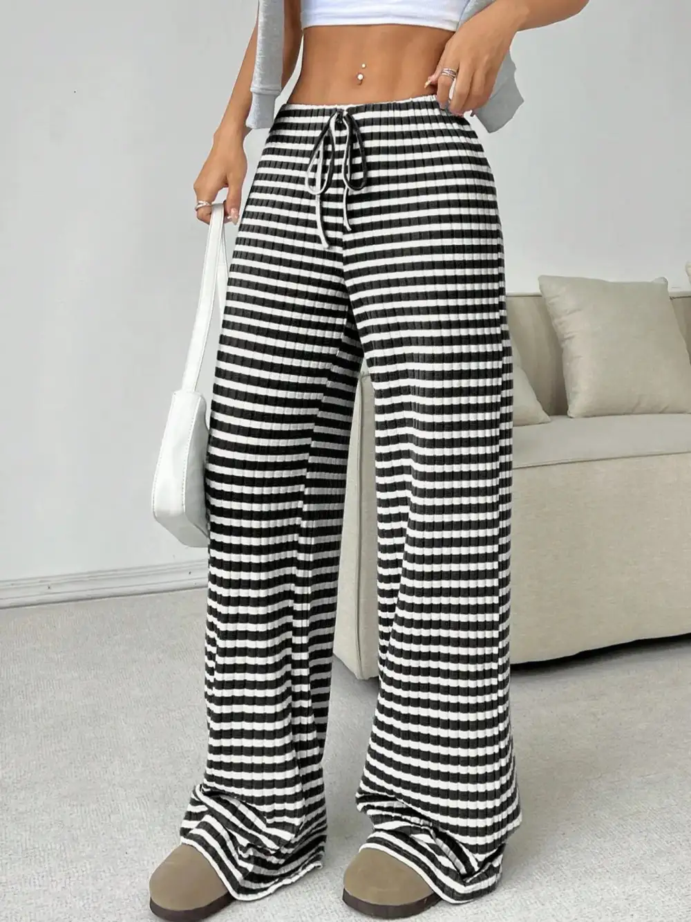 Relaxed Striped Wide Leg Drawstring Pants