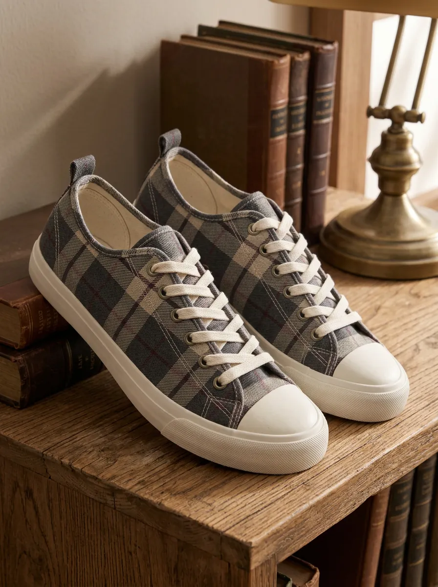 Men's Classic Style Grey Plaid Tartan Printed Canvas Shoes