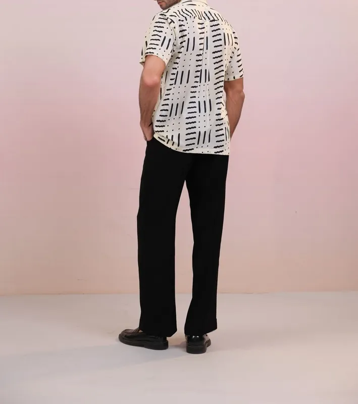White Abstract Mulmul Cotton Camp Collar Shirt