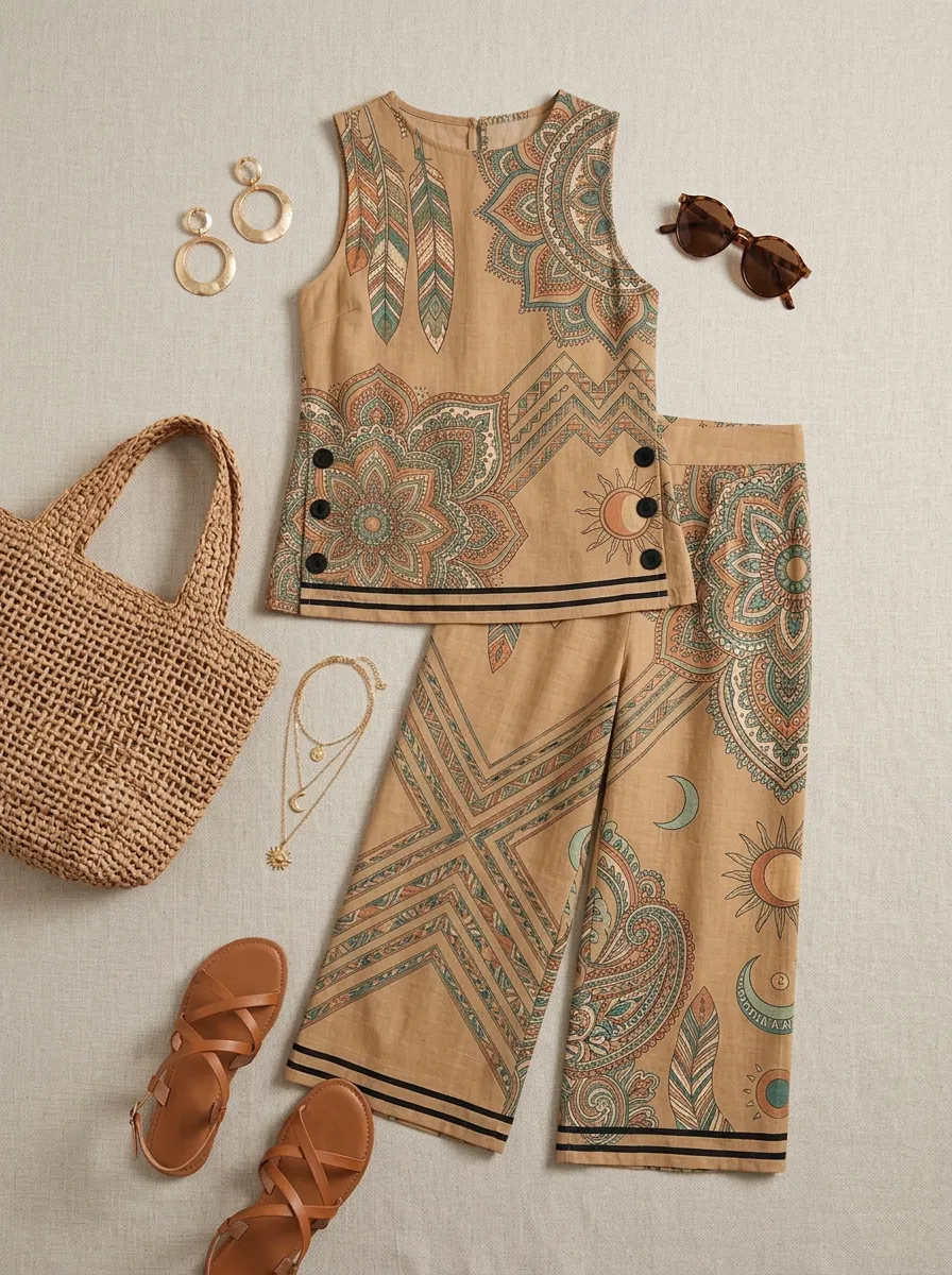 Women's Bohemian Mandala Sun Moon Printed Sleeveless Set