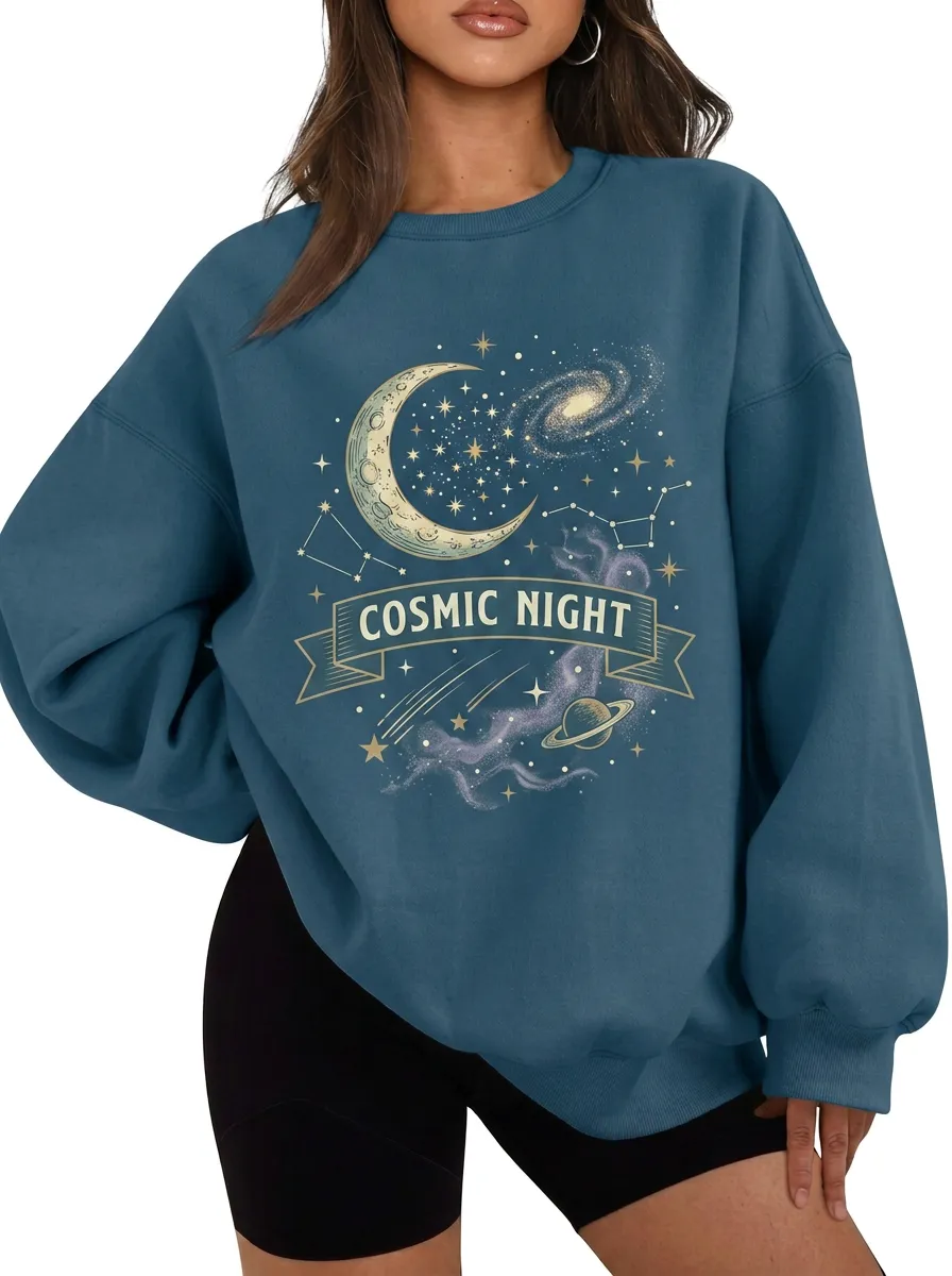 Women's Astronomy Lover Cosmic Night Moon Stars Printed T-shirt