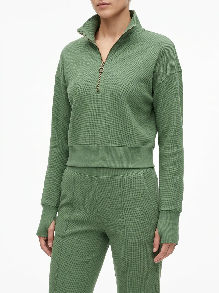 Leisure Ready Zip Front Stand Collar Cropped Women's Zip Front Two Piece Set
