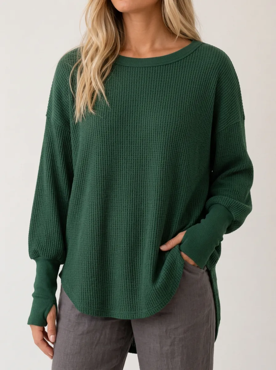 Women's Dark Green Waffle Knit Thumbhole Long Sleeve Top