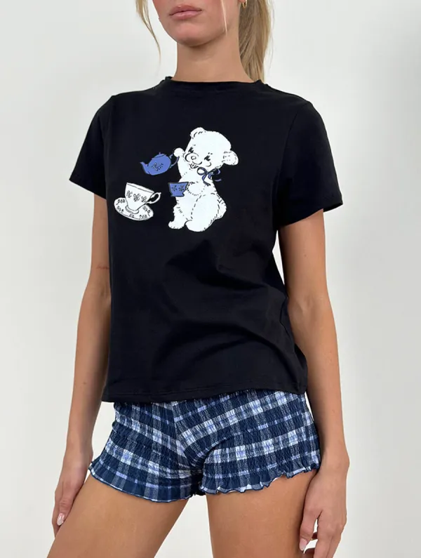 Black With Tea Time Print Tee