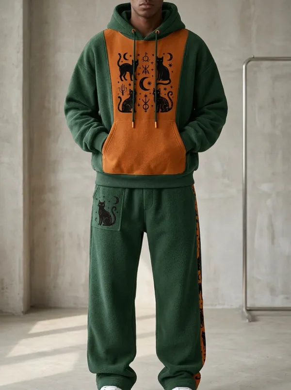 Men's Halloween Witchy Black Cat Printed Fleece Hoodie Jogger Set