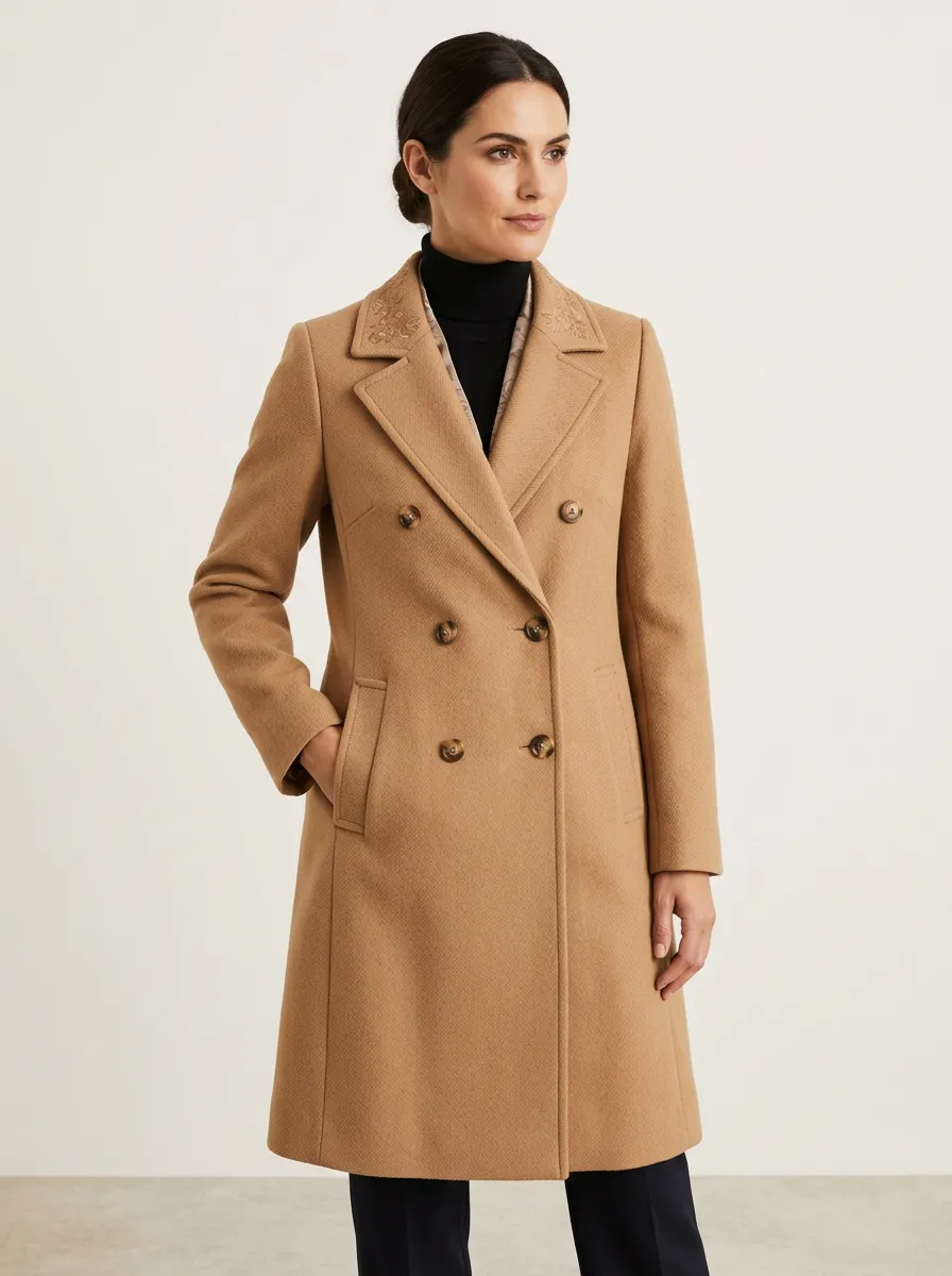 Women's Camel Floral Embroidered Collar Double-Breasted Wool Coat