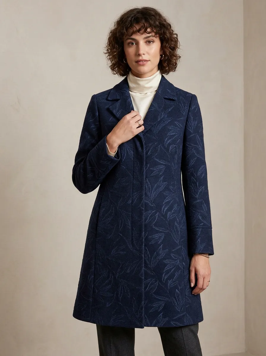 Women's Navy Blue Leaf Pattern Coat
