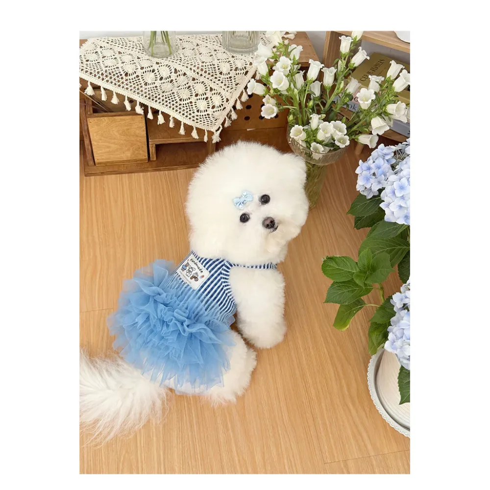 Blue Plaid Sling Pet Tutu Dress D-Ring, Soft Mesh Tulle Princess Summer Clothes for Small Dogs Cats