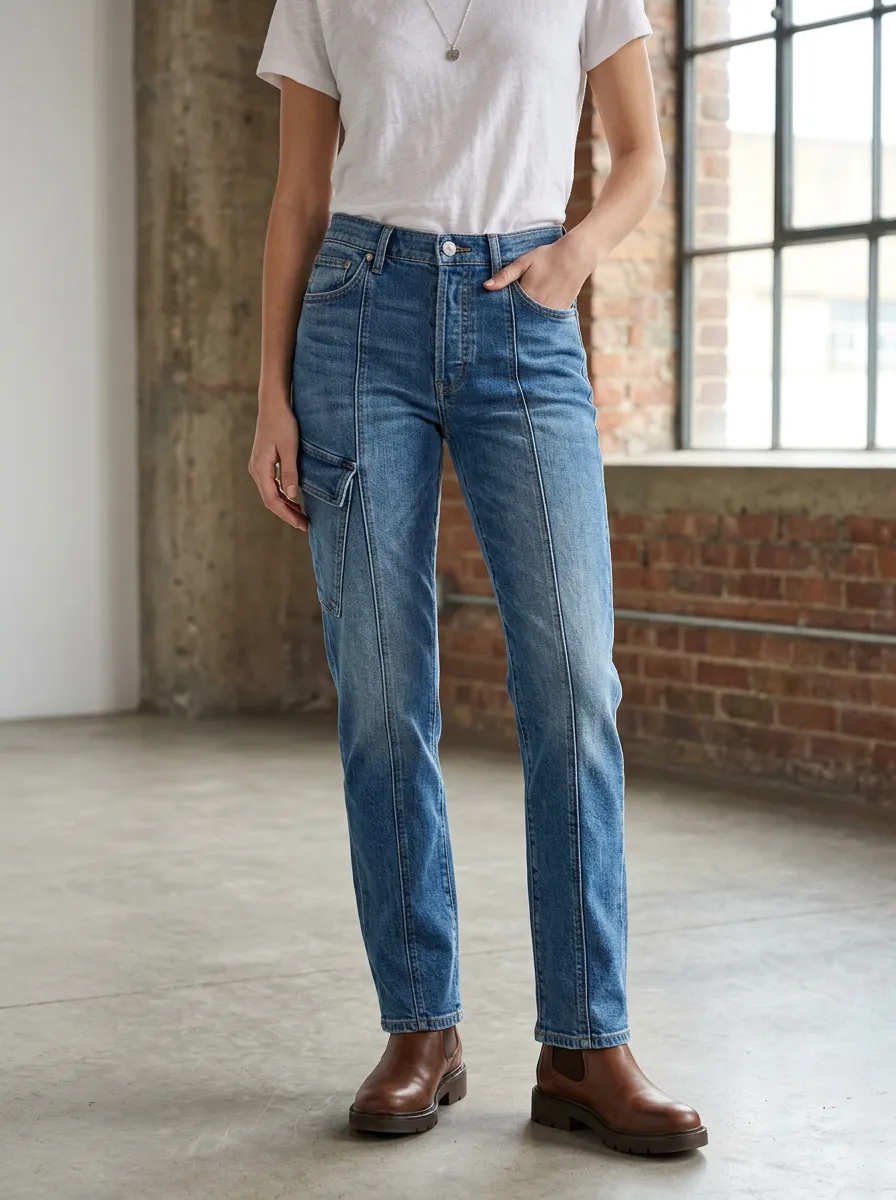 Women's Casual Fashion Blue Denim Seamed Cargo Pants