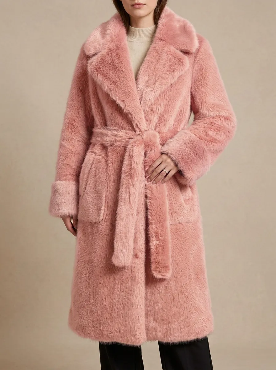 Front Pockets Belted Faux Fur Coat