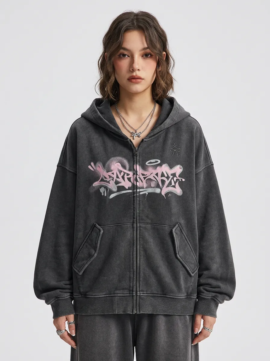 Unisex Streetwear Graffiti Pink Halo Printed Zip Up Hoodie