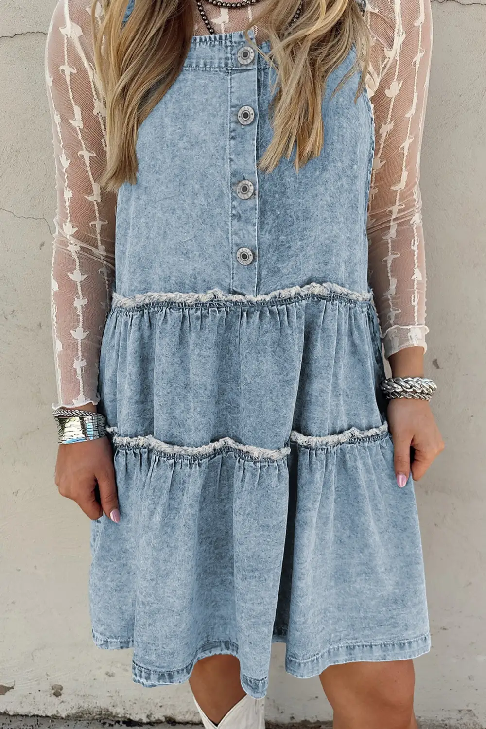 Smooth Finish Denim Tiered Jumpsuit