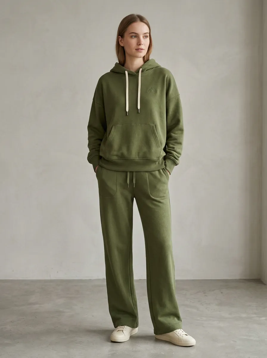 Women's Mountain Logo Olive Green Embroidered Hoodie Sweatpants Set
