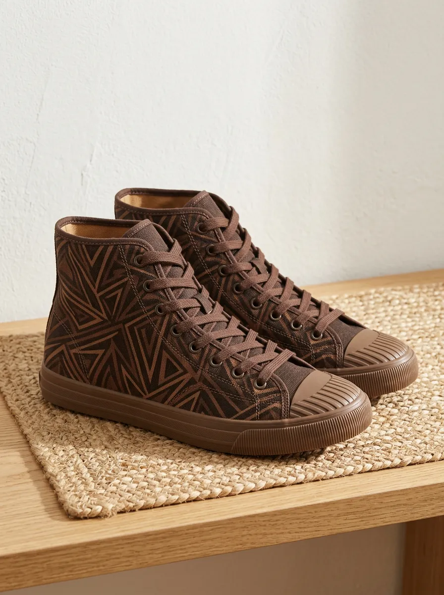Men's Brown Geometric Pattern Printed Canvas Shoes