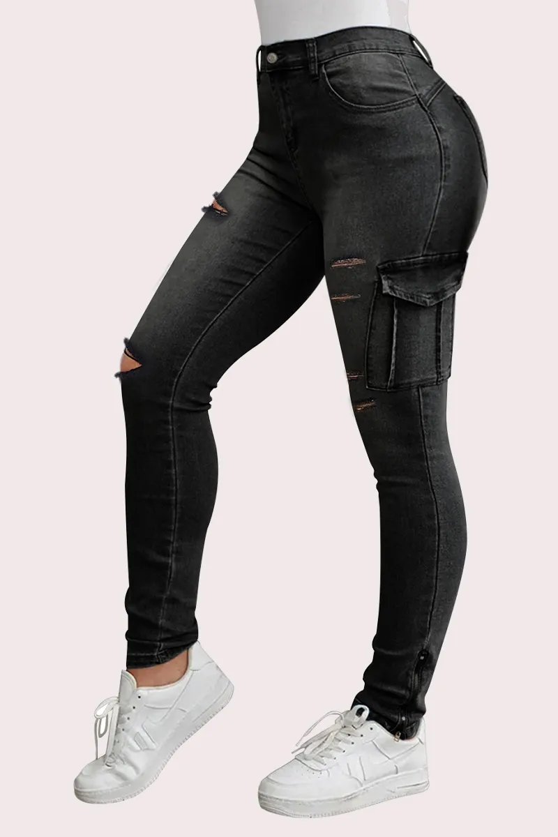 Flap Pocket Zipper Side Skinny Jeans