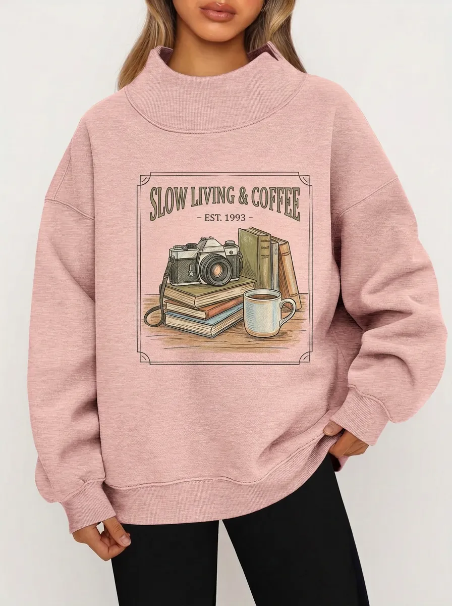 Women's Slow Living Coffee Book Camera Graphic Sweatshirt