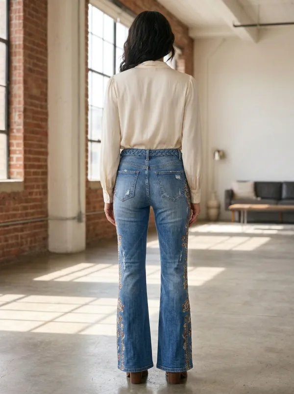 Women's Boho Floral Embroidered Distressed Flare Printed Jeans