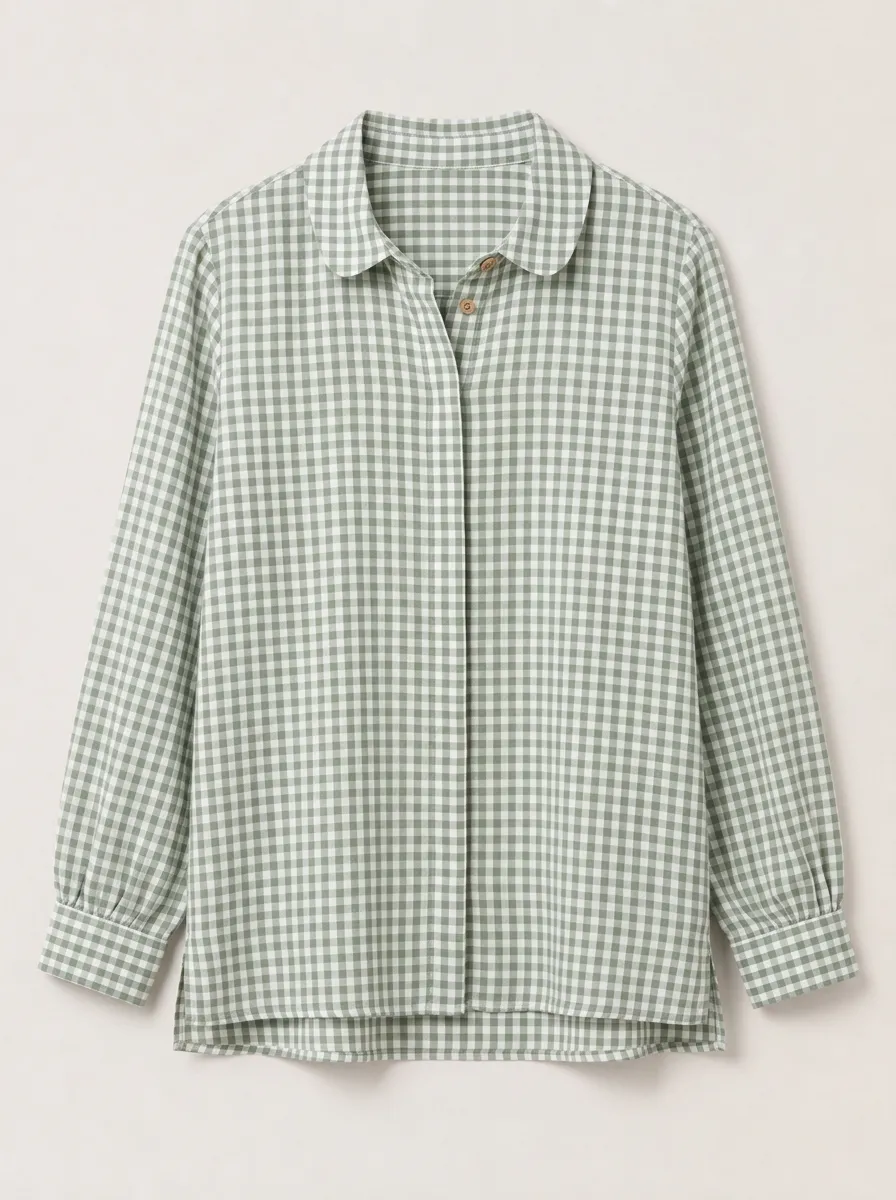 Women's Casual Sage Green Gingham Pattern Cotton Linen Shirt