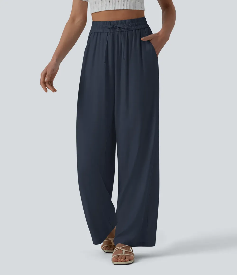 2026🔥High Waisted Drawstring Wide Leg Casual Linen-Blend Trousers with Pockets