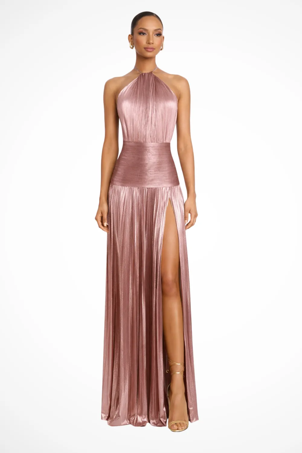  Halter Neck Pleated Satin Maxi Dress