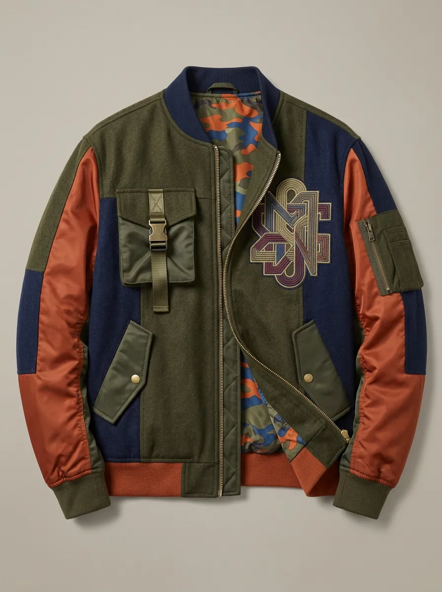 Men's Military Style Camo Patchwork Embroidered Bomber Jacket