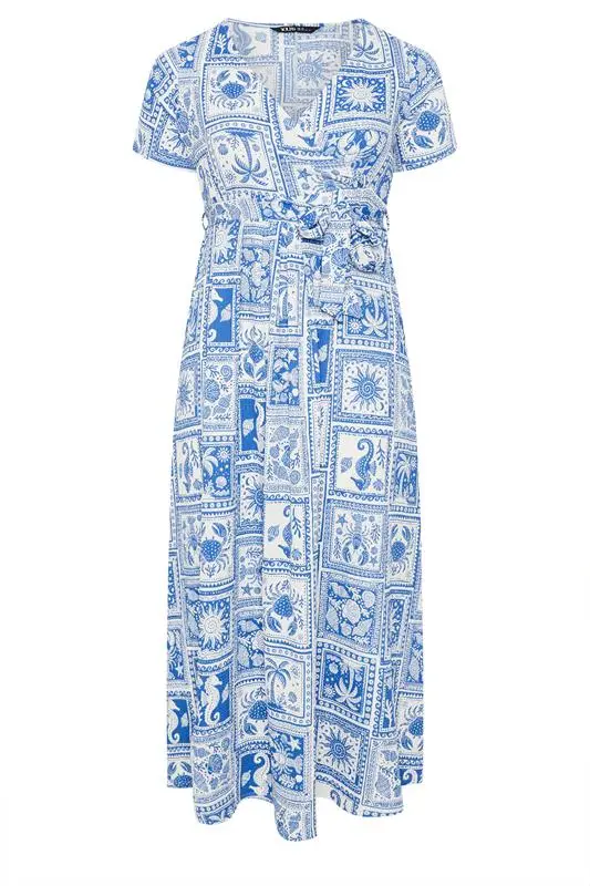 Blue Mixed Palm Tree Wrap Front Dress