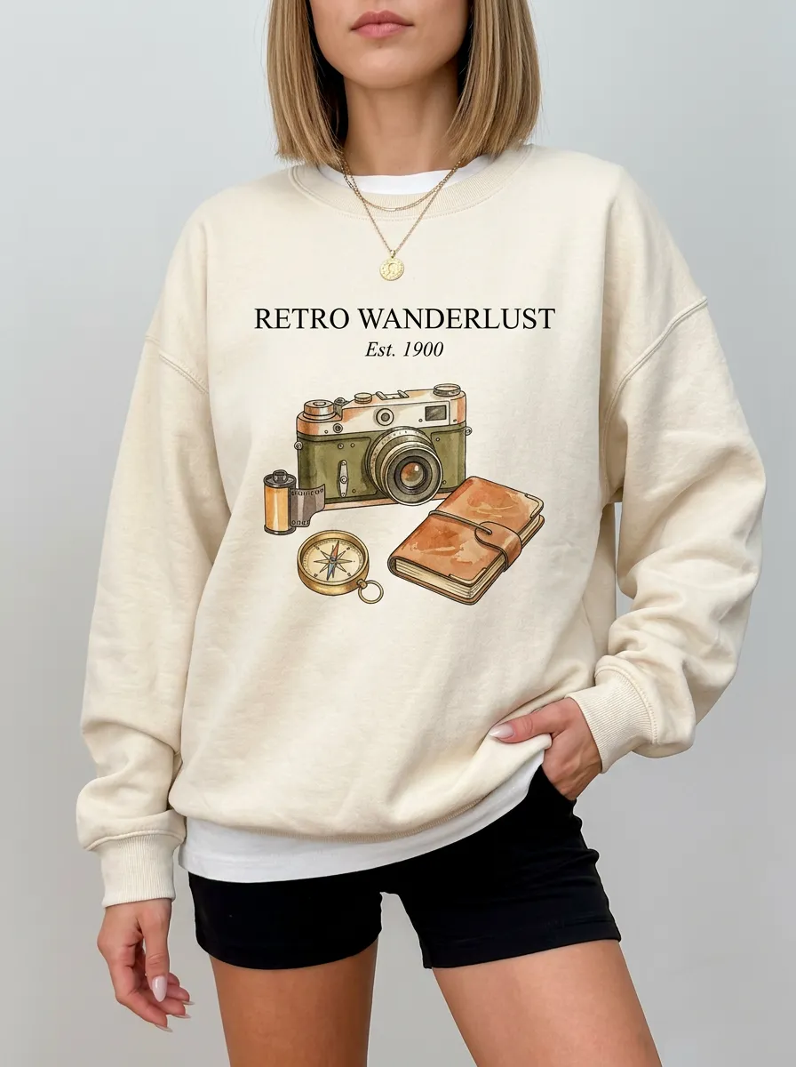 Women's Travel Lover Retro Camera Compass Journal Printed Sweatshirt