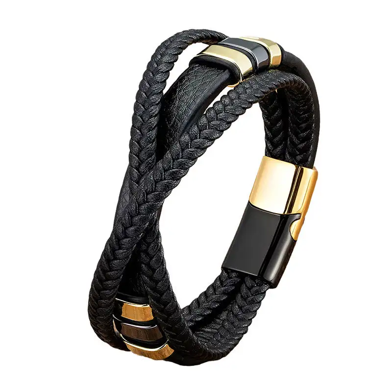 Multi Layered Cross Woven Design Leather Titanium Bracelet