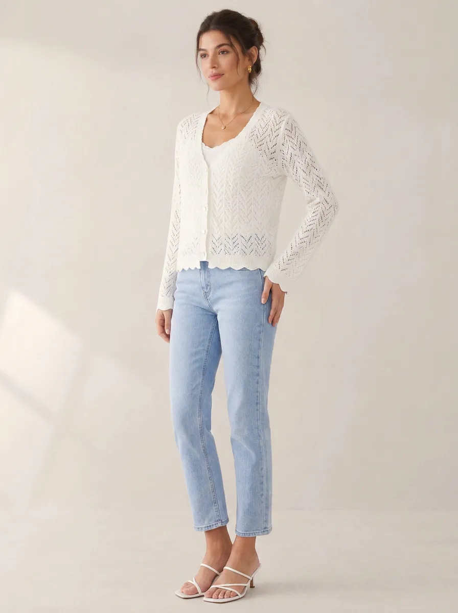 Women's Casual Fashion White Crochet Knit Button Down Cardigan