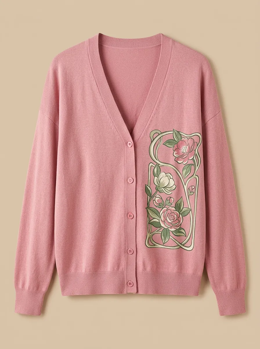 Women's V-Neck Button-Front Graphic Floral-Motif Cardigan