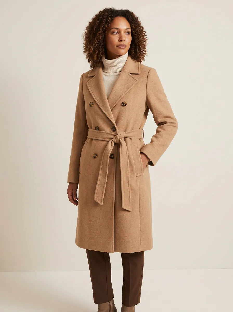 Women's Willow Classic Camel Double-Breasted Belted Wool Blend Coat
