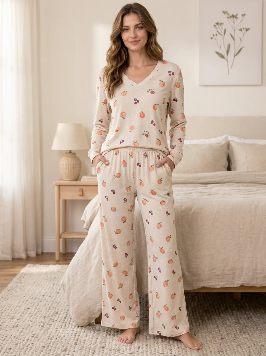 Peach and Berry V-Neck Long Sleeve Short Sleeve Matching Shorts Women's Printed Pajama Set