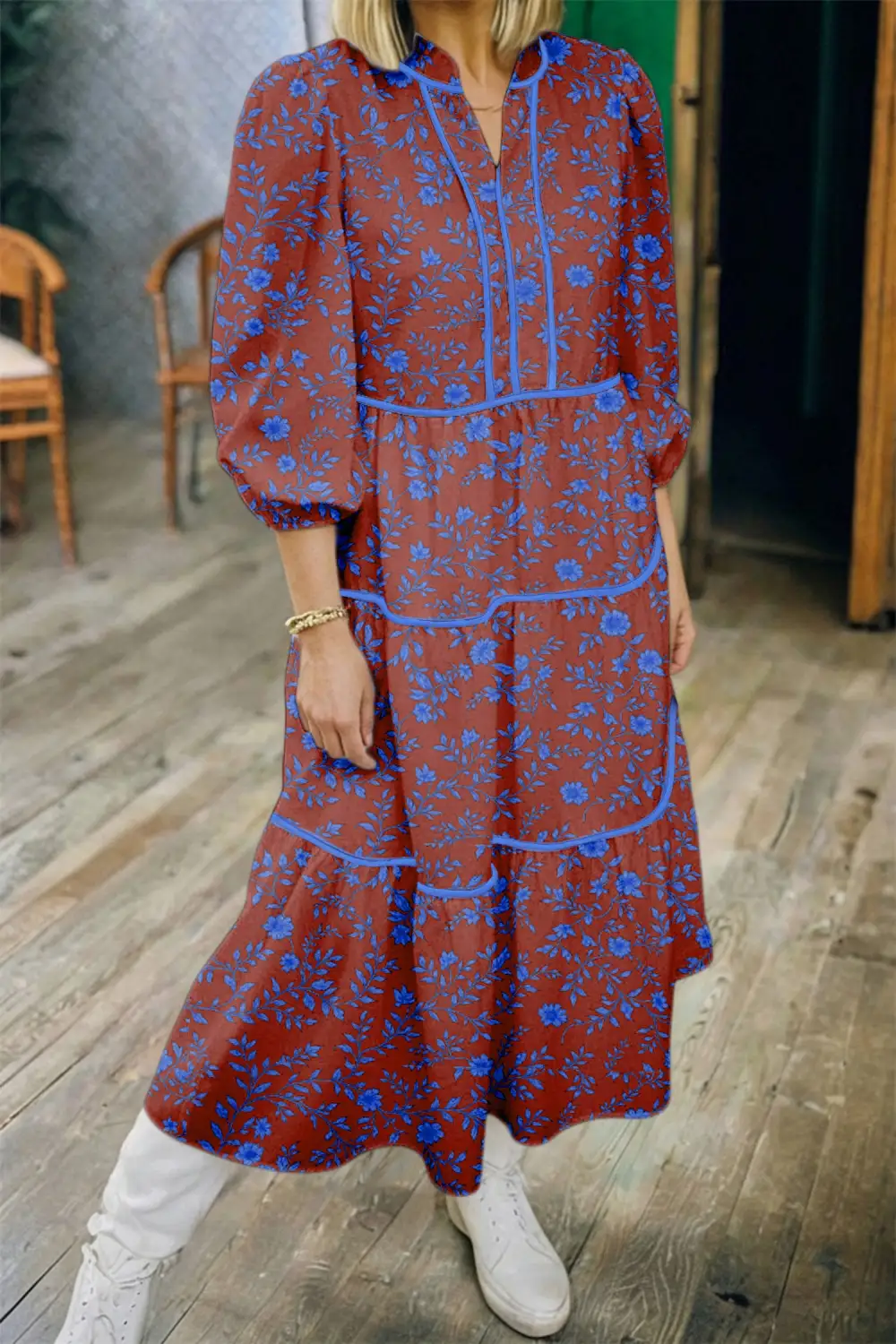 Floral Tiered Puff Sleeve Dress Casual