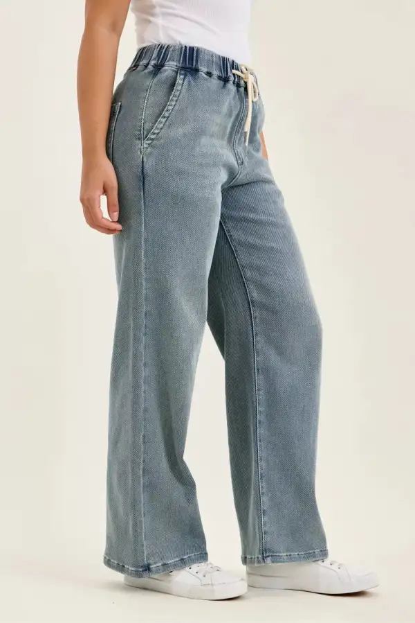 Denim Wide Leg Relaxed Fit Drawstring Jeans