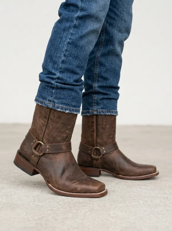 Men's Classic Western Distressed Leather Embroidered Harness Boots