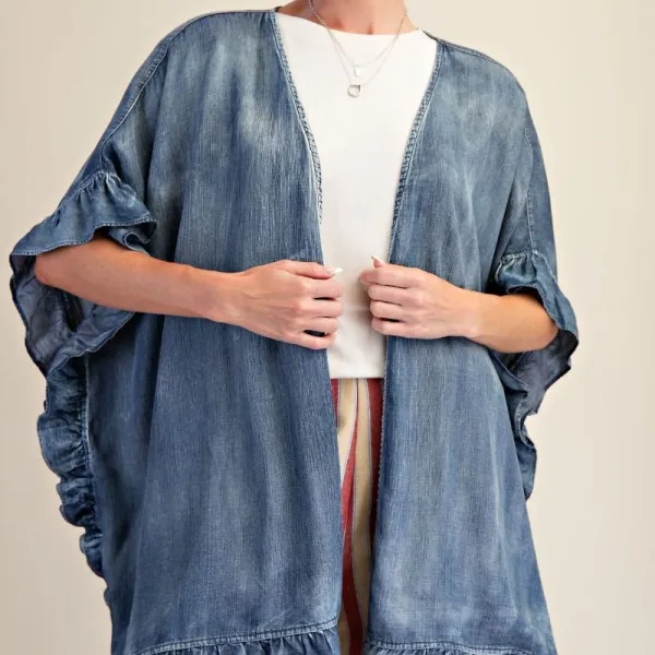 Open Front Chambray Star Patch Ruffle Detail Cardigan